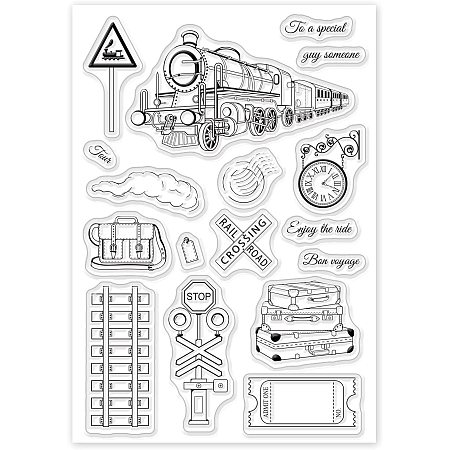 GLOBLELAND Railway Sign Silicone Clear Stamps with Train Shape for Card Making DIY Scrapbooking Photo Album Decoration Paper Craft,6.3x4.3 Inches