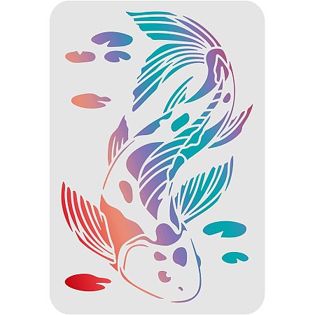 FINGERINSPIRE Koi Stencils 11.7x8.3 inch A4 Plastic Fish Drawing Painting Stencils Koi Pond Lotus Leaf Pattern Wall Stencils Reusable Stencils for Painting on Wood, Floor, Wall and Tile