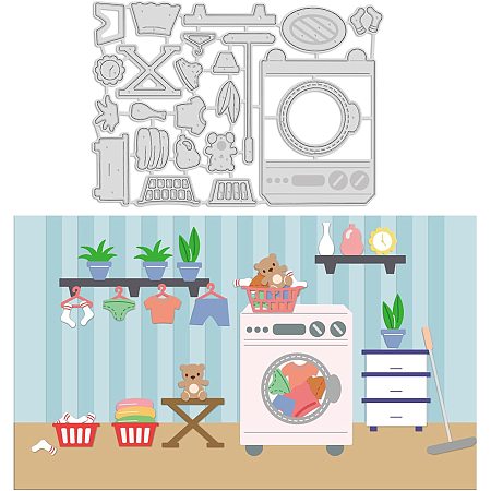 GLOBLELAND 1Sheet Metal Laundry and Clothes Basket Cut Dies Washing Machine and Bear Embossing Template Table and Mop Die Set for Card Scrapbooking Card DIY Craft