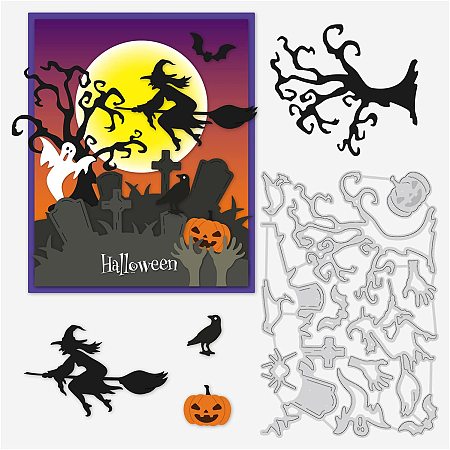 BENECREAT Halloween Theme Cutting Dies, 6.2x4.2 inch Raven Pumpkin Ghost Witch Broom Embossing Dies for Halloween Scrapbook Card Making DIY Crafts Favors, 0.8mm Thick