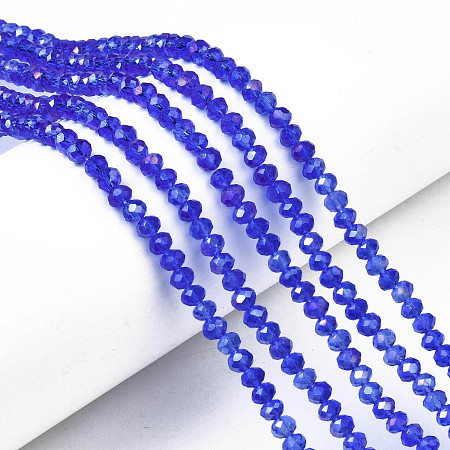 Honeyhandy Electroplate Glass Beads Strands, AB Color Plated, Faceted, Rondelle, Blue, 4x3mm, Hole: 0.4mm, about 123~127pcs/strand, 16.5~16.9 inch(42~43cm)