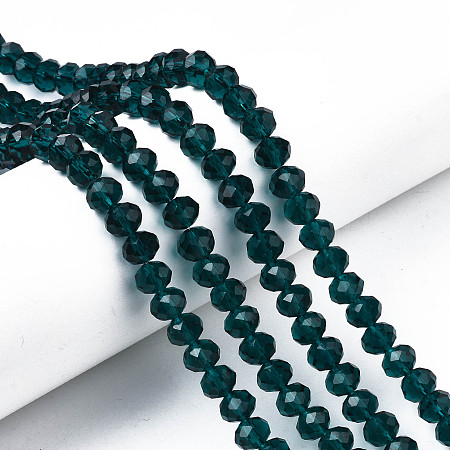 Honeyhandy Glass Beads Strands, Faceted, Rondelle, Dark Cyan, 8x6mm, Hole: 1mm, about 65~68pcs/strand, 15.7~16.1 inch(40~41cm)