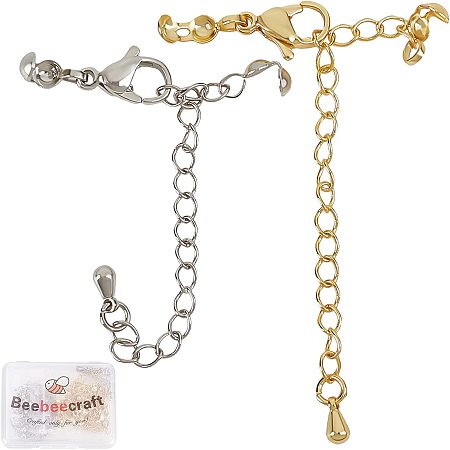 Beebeecraft 20 Sets 2 Colors Necklace Extenders with Lobster Claw Clasps and Bead Tips Gold&Platinum Plated Bracelet Anklets Extender Chain for Jewelry Making