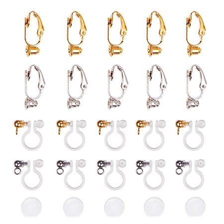 PandaHall Elite 12 Pcs Brass Clip-on Earring Converter and 12 Pcs Clear Plastic Earring Converter Component with 24 Pcs Ear Pads Silicone Comfort Earring Cushions for Non-Pierced Ears