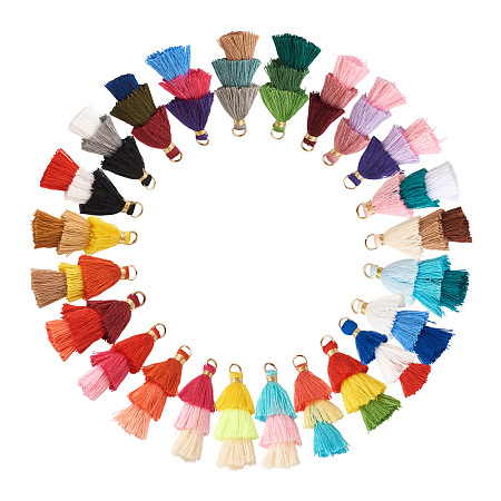 96Pcs 24 Colors Polycotton(Polyester Cotton) Tassel Pendant Decorations, with Iron Findings, Golden, Mixed Color, 39~40x19~26x6~7mm, Hole: 4mm, 4pcs/color