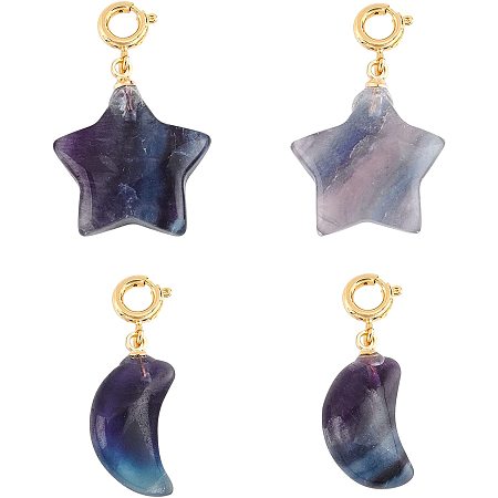 NBEADS 4 Pcs 2 Styles Carved Natural Fluorite Pendants, Moon Gemstone Pendants Star Shape Natural Stone Charms with Brass Spring Ring Clasps for Necklace Bracelet Jewelry Making