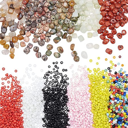 PandaHall Elite Crystal Stone Beads Glass Seed Bead Kit, 3600pcs 6 Colors 12/0 2mm Seed Beads Pony Bead Mini Spacer Beads 200pcs 5 Styles Natural Irregular Drilled Chip Stone Beads for DIY Jewelry Craft