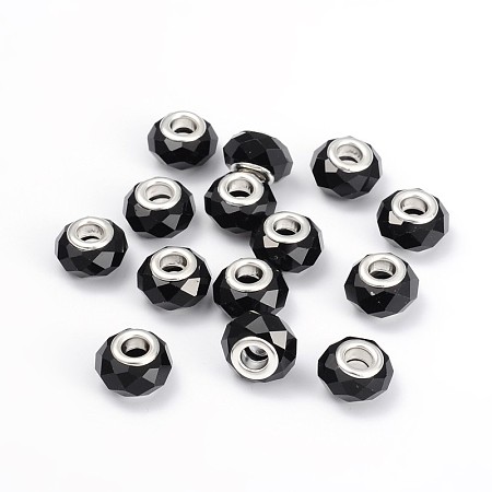 Honeyhandy Glass European Beads, Large Hole Beads, Faceted, Black, with Iron Core in Silver Color, about 13mm wide, 10mm long, hole: 5mm