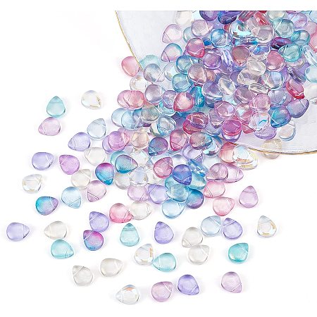 SUPERFINDINGS About 240Pcs 8 Colors 0.45x0.4inch Transparent Spray Painted Glass Beads with 0.9mm Hole Glitter Powder Teardrop Top Drilled Beads for Jewelry Craft Making