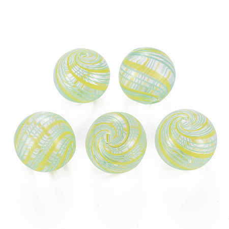 Arricraft Transparent Handmade Blown Glass Globe Beads, Stripe Pattern, Round, Yellow, 20~21mm, Hole: 1.5~2mm