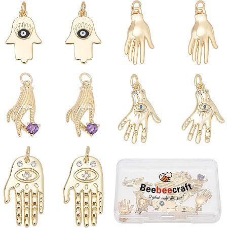 Beebeecraft 10Pcs 5 Style Hamsa Hand Charms Real 18K Gold Plated Hand Evil Eye Bead of Fatima Symbol Cubic Zirconia Pendant Charms for Bracelets DIY Jewelry Findings