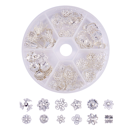 PandaHall Elite About 144 Pcs Brass Flower Bead Caps 12 Styles for Jewelry Making Silver