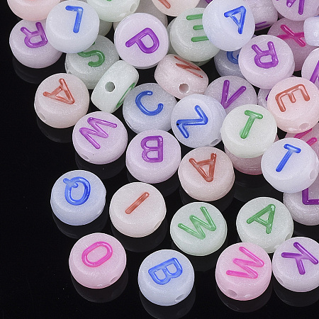 Arricraft Luminous Acrylic Beads, Flat Round with Letter, Mixed Color, Mixed, 7x3.5~4mm, Hole: 1.2mm, about 3700pcs/500g