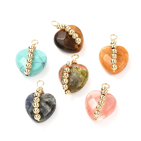 ARRICRAFT Natural & Synthetic Faceted Gemstone Pendants, with Brass Beads & Copper, Heart, Real 18K Gold Plated, 21~22x15~16x11~12mm, Hole: 3mm