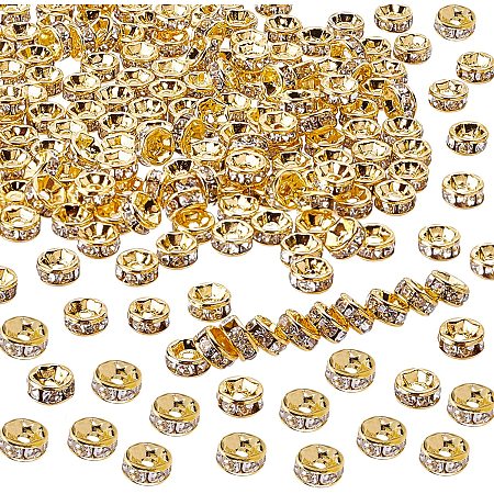 PandaHall Elite 200pcs Rhinestone Spacer Beads, 6mm Golden Rondelle Beads Czech Crystal Beads Loose Beads Brass Sparkly Beads for Bracelet Earring Necklace Jewelry Making