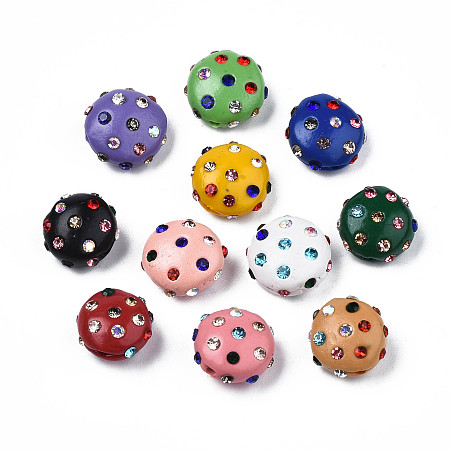 Polymer Clay Rhinestone Beads, Pave Disco Ball Beads, Flat Round, Mixed Color, 11~12x7mm, Hole: 1.4mm, Rhinestone: pp15(2.1~2.2mm)