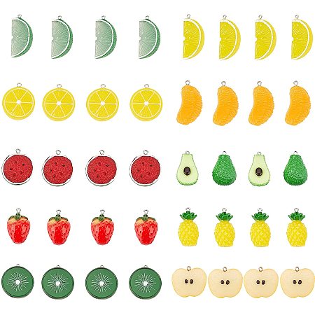Pandahall Elite 60pcs 10 Styles Resin Fruit Pendant Charms 3D Fruit Hanging Ornament with Hole Lovely Food Fruit Big Pendants for Halloween Christmas Earring Bracelet Necklace Jewelry Making