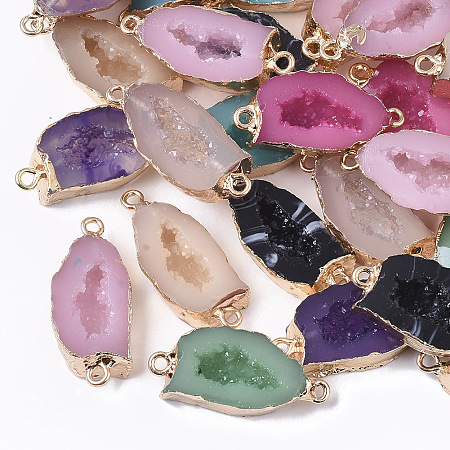 Honeyhandy Druzy Resin Links connectors, Imitation Geode, with Light Gold Plated Iron Loops, Mixed Color, 29~30x13x7mm, Hole: 1.8mm
