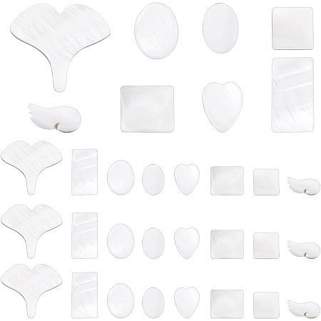 PandaHall Elite 8 Styles Shell Charms, 48pcs Heart Wing Square Nautical Ornaments Slime Beads White Summer Tiles Freshwater Shell Cabochons for Beach Candle Jewelry Making Home Wedding Decor