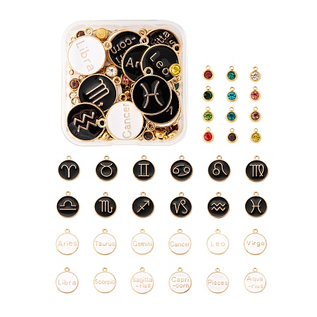 ARRICRAFT 72Pcs/Box 12 Colors Vacuum Plating 303 Stainless Steel Rhinestone Charms, Birthstone Charms, with Alloy Enamel Pendant, Flat Round, Mixed Color, 8.5x6x3mm, Hole: 1.5mm, 48pcs, 22x18x2mm, Hole: 1.5mm, 2 styles, 24pcs