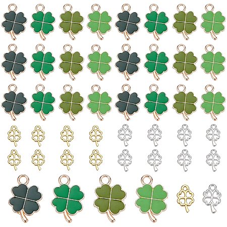 PandaHall Elite 6 Styles Four Leaf Clover Pendant Charms Set, 48pcs 4 Colors Green Enamel Pendant 24pcs Golden and Silver Lucky Leaf Charms for Earring Necklace Bracelet Jewelry Making St. Patrick's Day