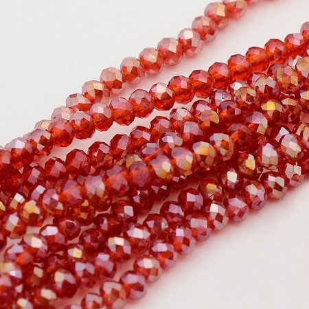 Honeyhandy Electroplate Glass Beads Strands, AB Color Plated, Faceted, Rondelle, Red, 3x2mm, Hole: 1mm, about 165~169pcs/strand, 15~16 inch(38~40cm)