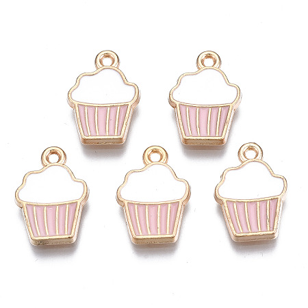 Honeyhandy Alloy Enamel Pendants, Cupcake, Light Gold, Pearl Pink, 16x11x2mm, Hole: 1.4mm