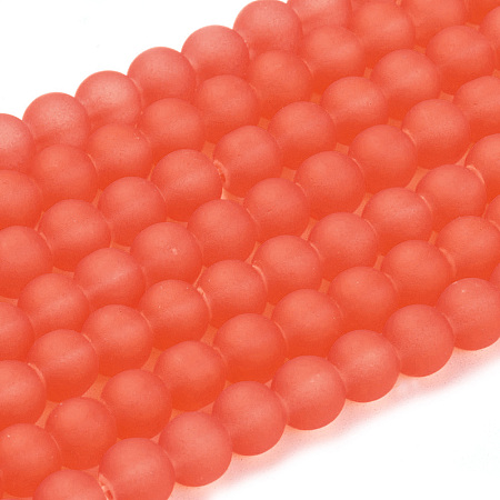 Honeyhandy Transparent Glass Bead Strands, Frosted, Round, Orange Red, 6mm, Hole: 1.3~1.6mm, about 140pcs/strand, 31.4 inch