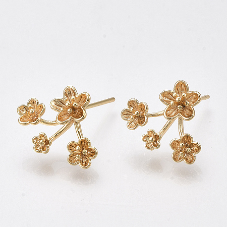 Arricraft Brass Stud Earring Findings, with Loop and 925 Sterling Silver Pins, Flower, Nickel Free, Real 18K Gold Plated, 12x15mm, Hole: 0.8mm, Pin: 0.8mm