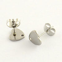 Honeyhandy 304 Stainless Steel Heart Stud Earring Findings, with Loop, Stainless Steel Color, 8x8mm, Hole: 1mm, pin: 0.8mm