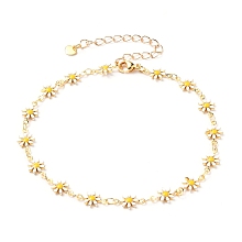 Honeyhandy Brass Enamel Daisy Link Chain Anklets, with 304 Stainless Steel Lobster Claw Clasps & Heart Charms, Golden, 9-5/8 inch(24.5cm)