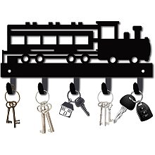 CREATCABIN Metal Key Holder Black Key Hooks Wall Mount Hanger Decor Iron Hanging Organizer Rock Decorative with 5 Hooks Train Pattern for Front Door Entryway Cabinet Hat Towel 10.6 x 5.1 x 1.5 inches