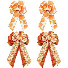 CHGCRAFT 4Pcs 2 Styles Thanksgiving Bows for Wreaths Decorations Orange Pumpkin Burlap Buffalo Plaid Bow for Front Door Indoor Outdoor Fall Wall Decoration Supplies Ornaments, 350mm 435mm