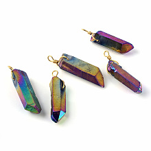 Honeyhandy Electroplate Natural Crystal Pendants, Point Pendants, with Findings, Golden, Mixed Color, 40~47x8~12x8~12mm, Hole: 2.5mm