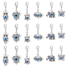 CHGCRAFT Evil Eye Pendant Decorations, Alloy & Resin Lobster Clasp Charms, Lotus Flower & Owl & Elephant & Eye & Butterfly & Tortoise, Antique Silver & Platinum, 28~36mm, 6pcs/set, 4 sets/box