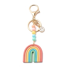 Honeyhandy Handmade Polymer Clay & Alloy Enamel Pendants Keychain, with Acrylic Beads and Alloy Keychain Clasp Findings, Rainbow & Smiling Face , Colorful, 13.5cm