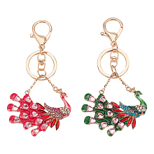 Olycraft 2Pcs 2 Colors Peacock Enamel Style Alloy Rhinestone Keychains, for Car Bag Accessories, Mixed Color, 12.6cm, 1pc/color