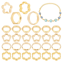 PandaHall Elite 60Pcs 4 Style Brass Beads Frames, Long-Lasting Plated, Hexagon & Flower & Round Ring, Real 24K Gold Plated, 8~10x8~10x2~3mm, Hole: 0.5~1.2mm, 15pcs/style