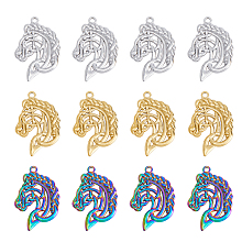 DICOSMETIC 12Pcs 3 Colors Celtic Horse Charms Hollow Viking Charms Golden/Rainbow and Platinum Color Western Horse Charms Stainless Steel Horse Heads Charms for DIY Jewelry Crafts Making, Hole: 2mm