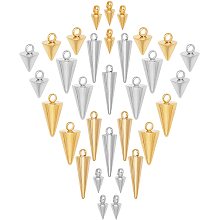 SUNNYCLUE 1 Box 32Pcs 4 Sizes Spike Beads Pendants Cone Drop Stainless Steel Pendants Bullet Shape Polished with Loop for DIY Earrings Crafts Making Supplies Accessories, Golden Silver