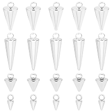 Unicraftale 24Pcs 4 Style 304 Stainless Steel Pendants, Spike/Cone, Silver, 6.5~18x3~5mm, Hole: 2mm, 6pcs/style