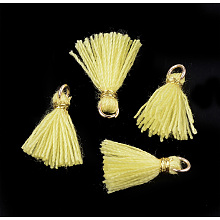 Polycotton(Polyester Cotton) Tassel Pendant Decorations, Mini Tassel, with Iron Findings and Metallic Cord, Light Gold, Yellow, 10~15x2~3mm, Hole: 1.5mm