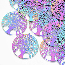 Honeyhandy Ion Plating(IP) 201 Stainless Steel Filigree Pendants, Etched Metal Embellishments, Flat Round with Tree of Life, Rainbow Color, 47x45x0.3mm, Hole: 1.2mm