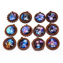 NBEADS Glass Pendants, with Wooden Cabochon Settings, Half Round with 12 Constellations Pattern, Mixed Color, 44x43x11mm, Hole: 3mm, 1pc/constellation, 12 constellation, 12pcs/set