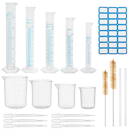 OLYCRAFT GLOBLELAND Measuring Cylinder Tools Sets, with Plastic Measuring Cylinder & Cup, Glass Stirring Rod, Pig Hair Test Tube Brush, Plastic Pipettes, Sticker Labels, Clear