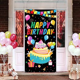 FINGERINSPIRE 71x35 inch Birthday Banners with Hanging Rope Colorful Happy Birthday Words Party Supplies Black Rectangle Polyester Hanging Sign with Cake Gift Boxes Pattern for Outdoor & Indoor Decor