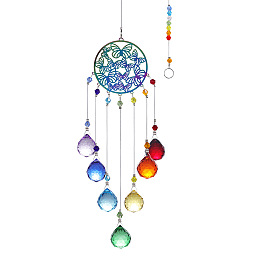 Honeyhandy Crystal Teardrop Glass Chandelier Suncatchers Prisms, Chakra Woven Net/Web with Feather Sun Catcher Hanging Butterfly Ornament with Iron Chain, Colorful, 430x55mm