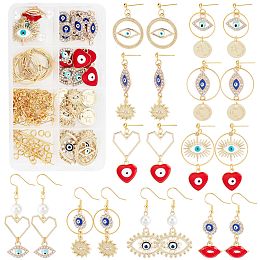 SUNNYCLUE DIY Evil Eye Drop Earring Making Kit, Including Alloy Links and Pendants, Glass Pearl Beads, Brass Linking Rings & Stud Earring Findings & Pin & Jump Ring & Ear Nut & Earring Hook, Golden, Pendant & Link: 36pcs/box