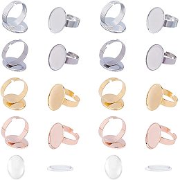 UNICRAFTALE 16pcs 4 Colors Oval Adjustable Finger Rings Components,Stainless Steel Ring Base,Serrated Edge Bezel Cups Base Trays Ring with 24pcs Transparent Oval Glass Cabochons for DIY Ring Making