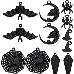 SUNNYCLUE 1 Box 36Pcs 6 Styles Halloween Black Charms Gothic Charm Cross Magic Hats Crosses Coffin Moon Skull Bat Winter Charm for Jewelry Making Charms Findings Necklace Earring Women Adults Craft